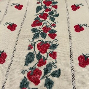 Vintage Hand Crocheted Throw Blanket with Red Strawberry Design